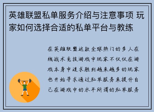 英雄联盟私单服务介绍与注意事项 玩家如何选择合适的私单平台与教练